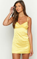 Beginning Boutique Honey Yellow Mini Dress honey yellow satin mini dress with ruched sweetheart neckline and spaghetti straps