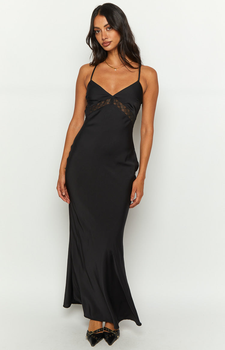 Black satin V-neck maxi dress with thin spaghetti straps and a lace cutout detail under the bust
