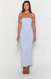 Lilac strapless bodycon maxi dress with ruched bodice and fitted skirt