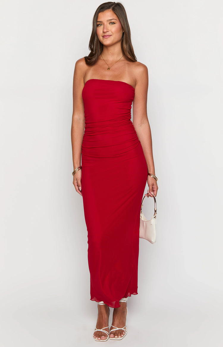 Red strapless bodycon maxi dress with a ruched bodice and flowing skirt with a lettuce hem