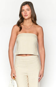 Oat linen blend strapless crop top with a straight hemline and visible fabric texture