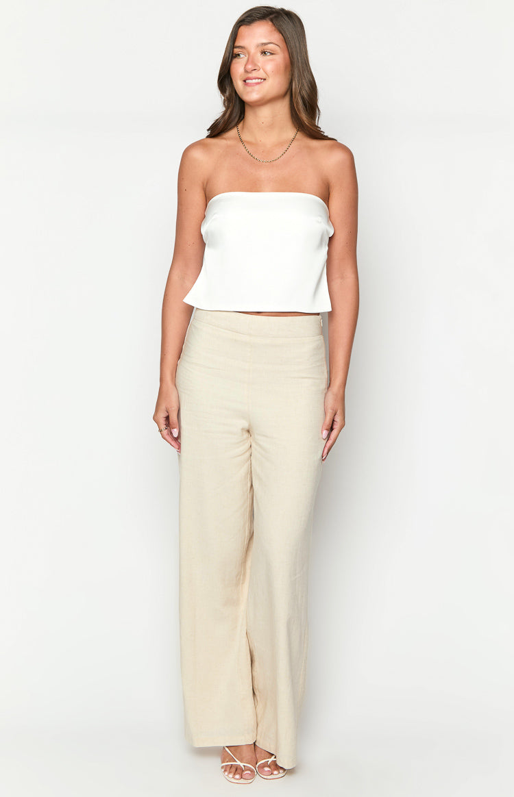 White satin strapless crop top with a structured fit and straight neckline