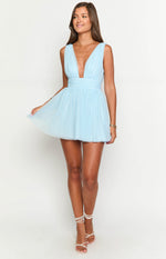 Icing blue deep V-neck mini dress with a fitted ruched waist and a full, layered tulle skirt