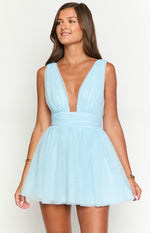 Light blue tulle mini dress featuring a deep V-neck and a wide ruched waistband