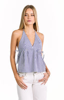 Beginning Boutique Imee Blue Striped Top blue and white striped halter neck top with deep V-neck and gathered peplum waist wi