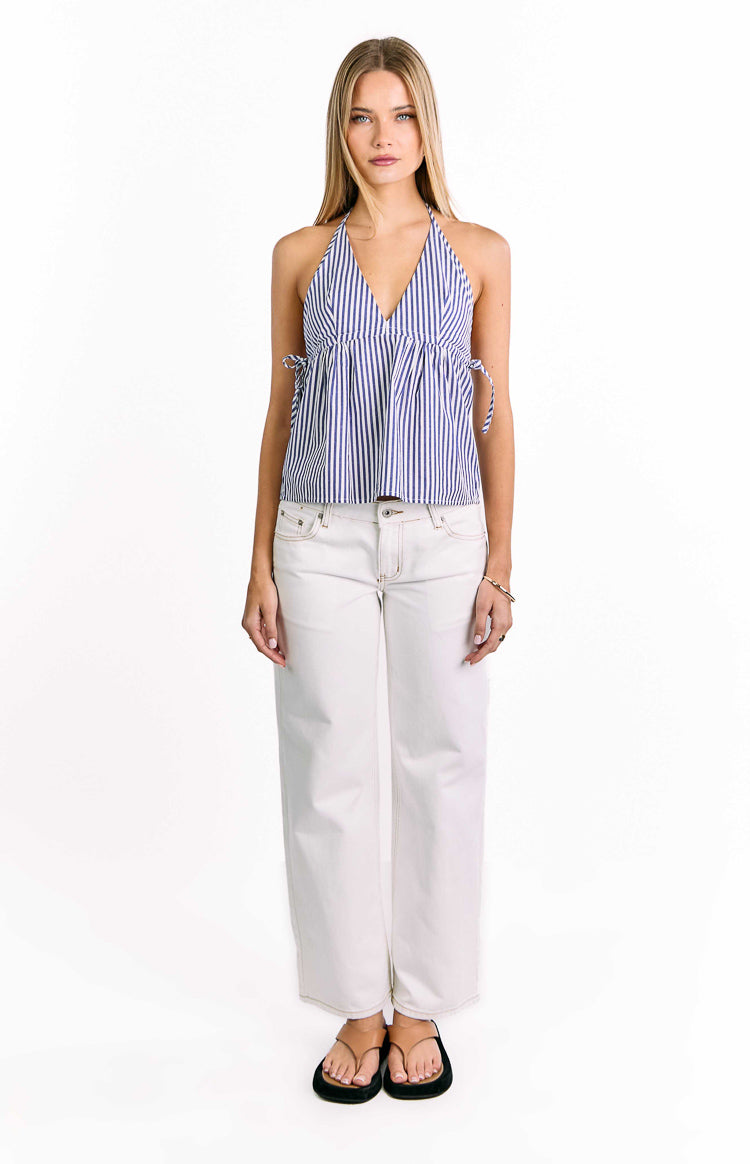 Blue and white striped halter neck top with a deep V-neckline, gathered bodice, and side tie details