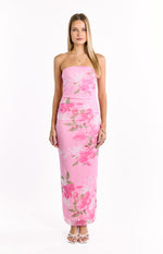 Fitted strapless pink maxi dress with a ruched bodice and green and pink floral print