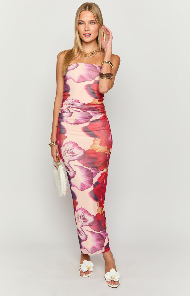 Purple floral print strapless maxi dress with ruched side detailing and a fitted silhouette