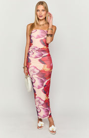 Purple floral print strapless maxi dress with ruched side detailing and a fitted silhouette