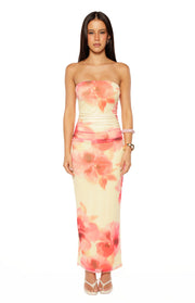 Yellow and pink floral print strapless maxi dress with a fitted silhouette and ruched midsection