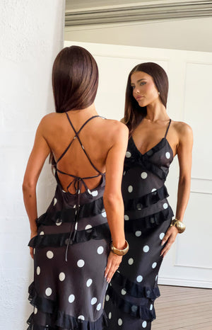 Beginning Boutique Inara Black Polka Dot Ruffle Maxi Dress black white polka dot satin V-neck maxi dress with tiered sheer ru