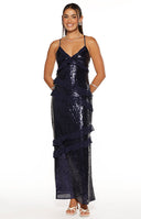 Inara Navy Sequin Ruffle Maxi Dress