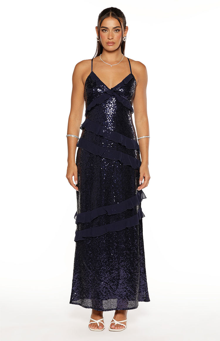 Inara Navy Sequin Ruffle Maxi Dress Image