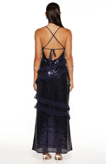 Inara Navy Sequin Ruffle Maxi Dress