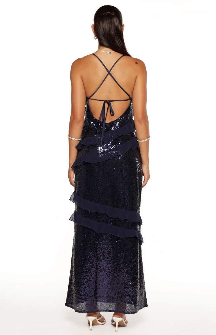 Inara Navy Sequin Ruffle Maxi Dress Image