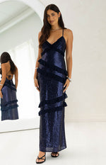 Inara Navy Sequin Ruffle Maxi Dress Image