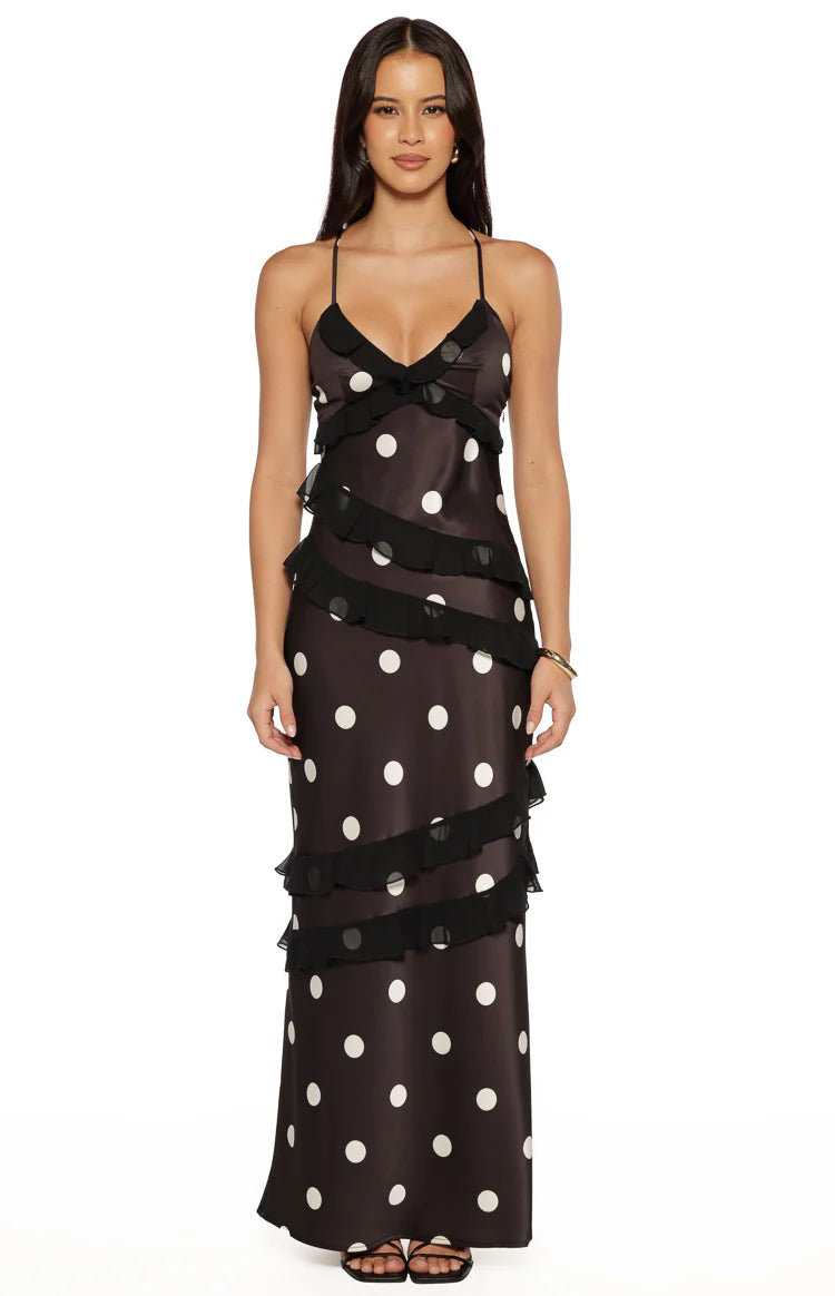 Inara Black Polka Dot Ruffle Maxi Dress Image