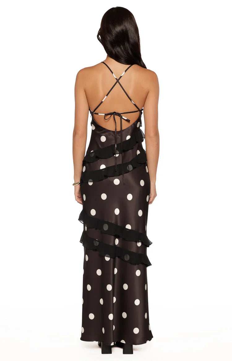 Inara Black Polka Dot Ruffle Maxi Dress