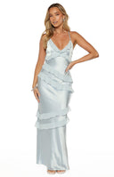 Beginning Boutique Inara Blue Ruffle Maxi Dress light blue satin V-neck maxi dress with thin straps and tiered ruffles