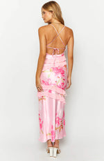 Close-up of the pink floral print satin maxi dress showing tiered chiffon ruffles on the V-neckline