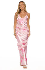 Front view of a pink floral print satin maxi dress with ruffled V-neckline and tiered ruffles