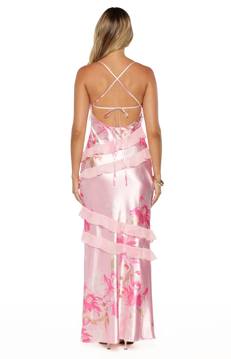Inara Pink Floral Print Ruffle Maxi Dress
