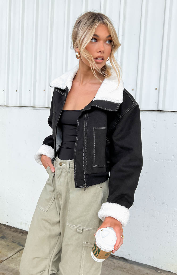 Beginning Boutique Indy Black Denim Sherpa Jacket black cropped denim jacket with white sherpa collar and cuffs, contrast sti