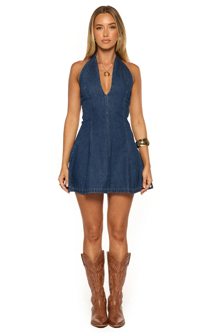 Isalin Mid Wash Denim Halter Mini Dress