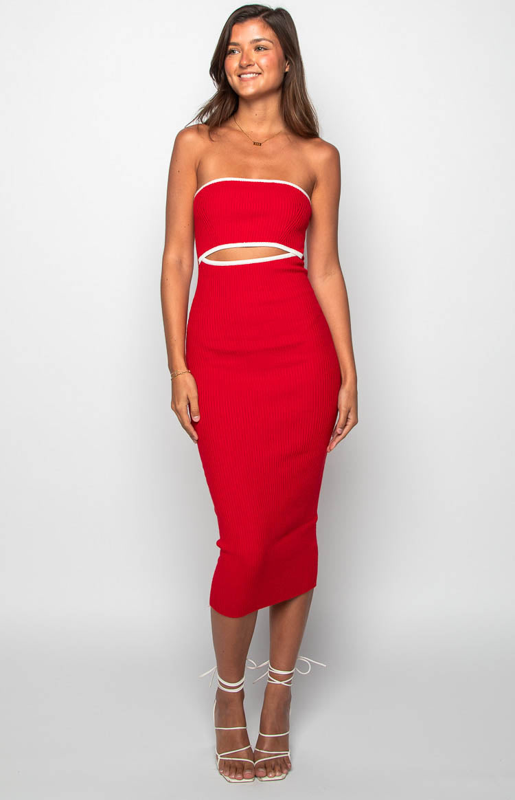Front view of a red ribbed knit midi dress with a strapless neckline and white-trimmed waist cutouts