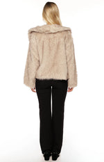 Sand faux fur jacket with a wide plush collar and relaxed fit