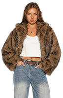 Beginning Boutique It Girl Chocolate Faux Fur Jacket chocolate brown striped faux fur cropped jacket with wide lapel collar