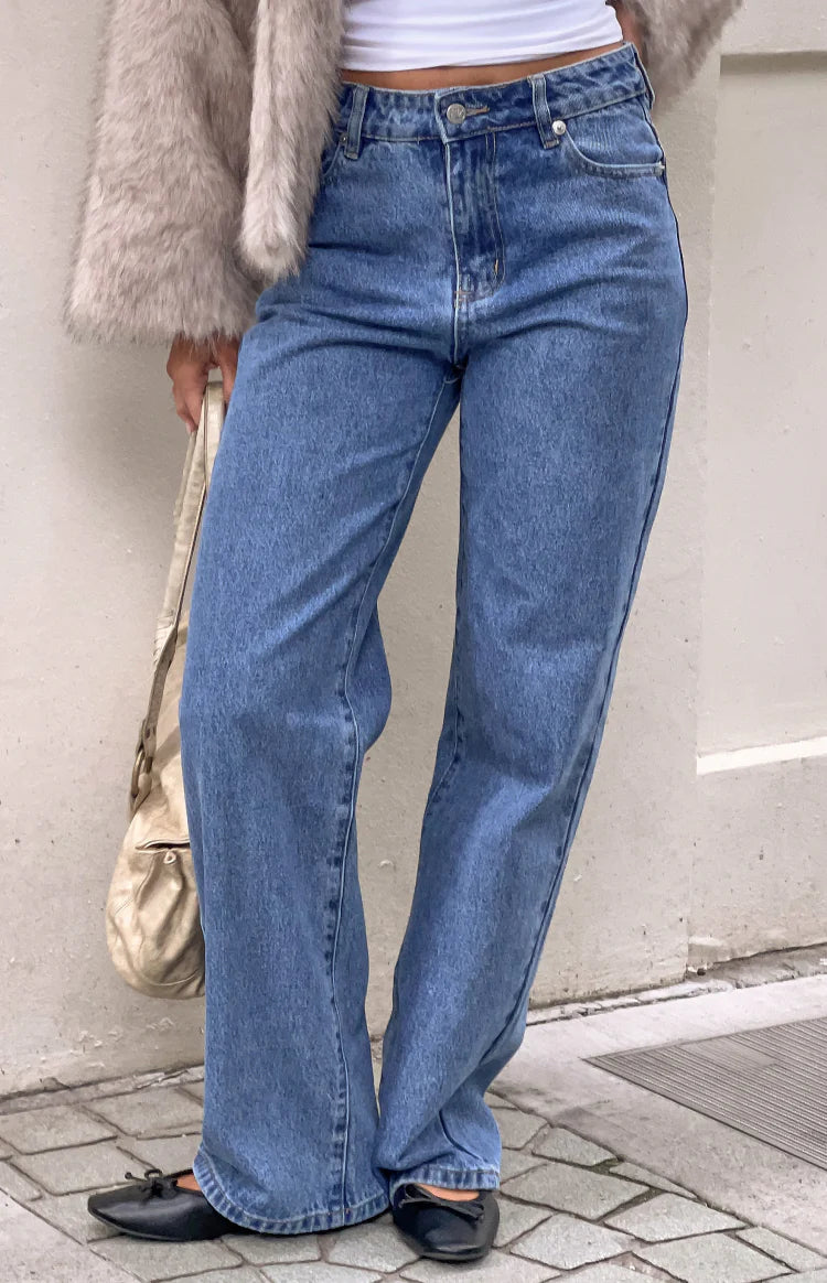 Beginning Boutique Fran Eyelet Mid Wash Pocket Jeans mid wash blue denim relaxed straight leg jeans with front pockets
