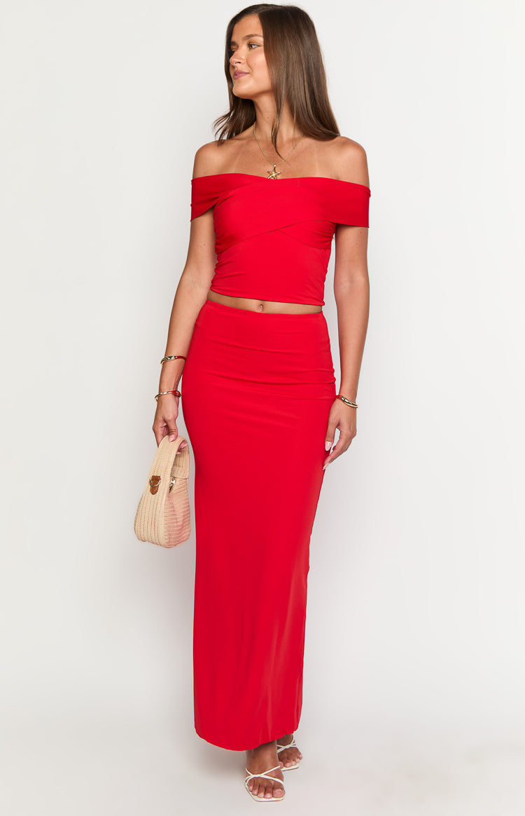 Beginning Boutique Jaya Red Maxi Skirt red fitted bodycon maxi skirt with a high waist and smooth fabric