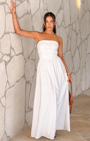 Beginning Boutique Josianne White Strapless Maxi Dress white strapless maxi dress with a ruched bodice and a flowy skirt