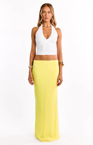 Beginning Boutique Jacqulin Yellow Maxi Skirt yellow fitted bodycon maxi skirt with a smooth drape