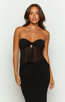 Beginning Boutique Jacqulin Black Strapless Top black strapless top with tie-front bust sheer midriff and ruffled hem