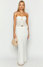 White strapless top with a twisted knot detail at the bust and a sheer, flowy overlay