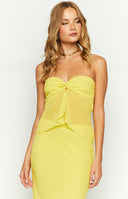Beginning Boutique Jacqulin Yellow Strapless Top yellow sheer strapless top with twisted front and cutout