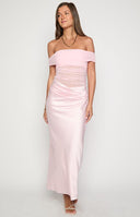 brunette model wearing a pink off shoulder gown with a mesh bodice and satin skirt