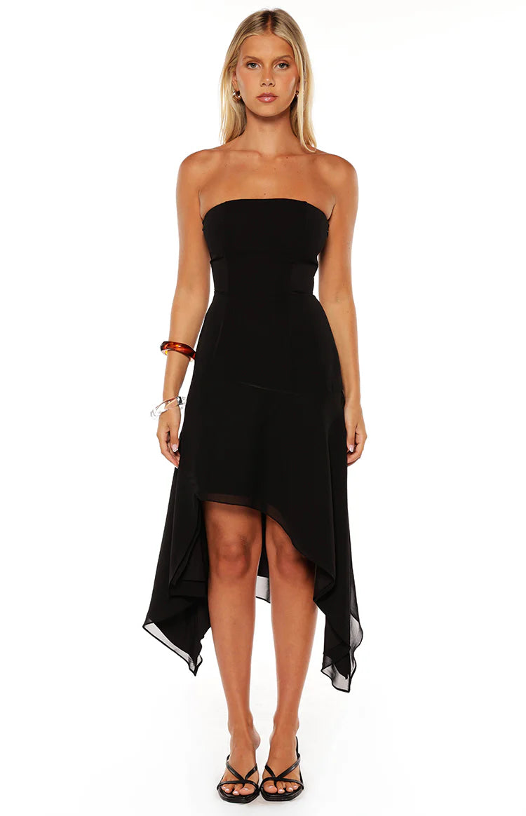Jannah Black Strapless Hanky Hem Midi Dress