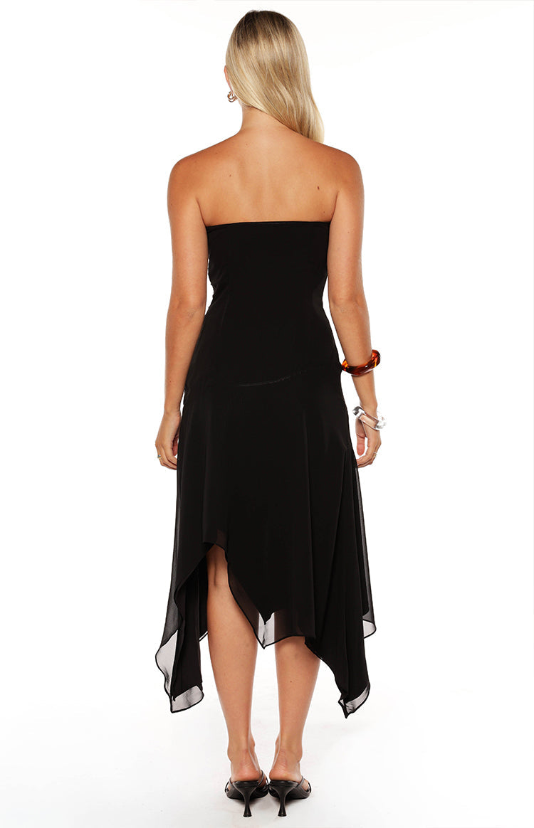 Jannah Black Strapless Hanky Hem Midi Dress Image