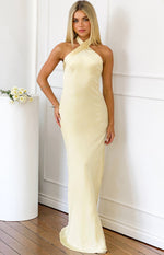 Beginning Boutique Jasmine Yellow Halter Neck Formal Maxi Dress light yellow satin criss-cross halter neck fitted maxi dress
