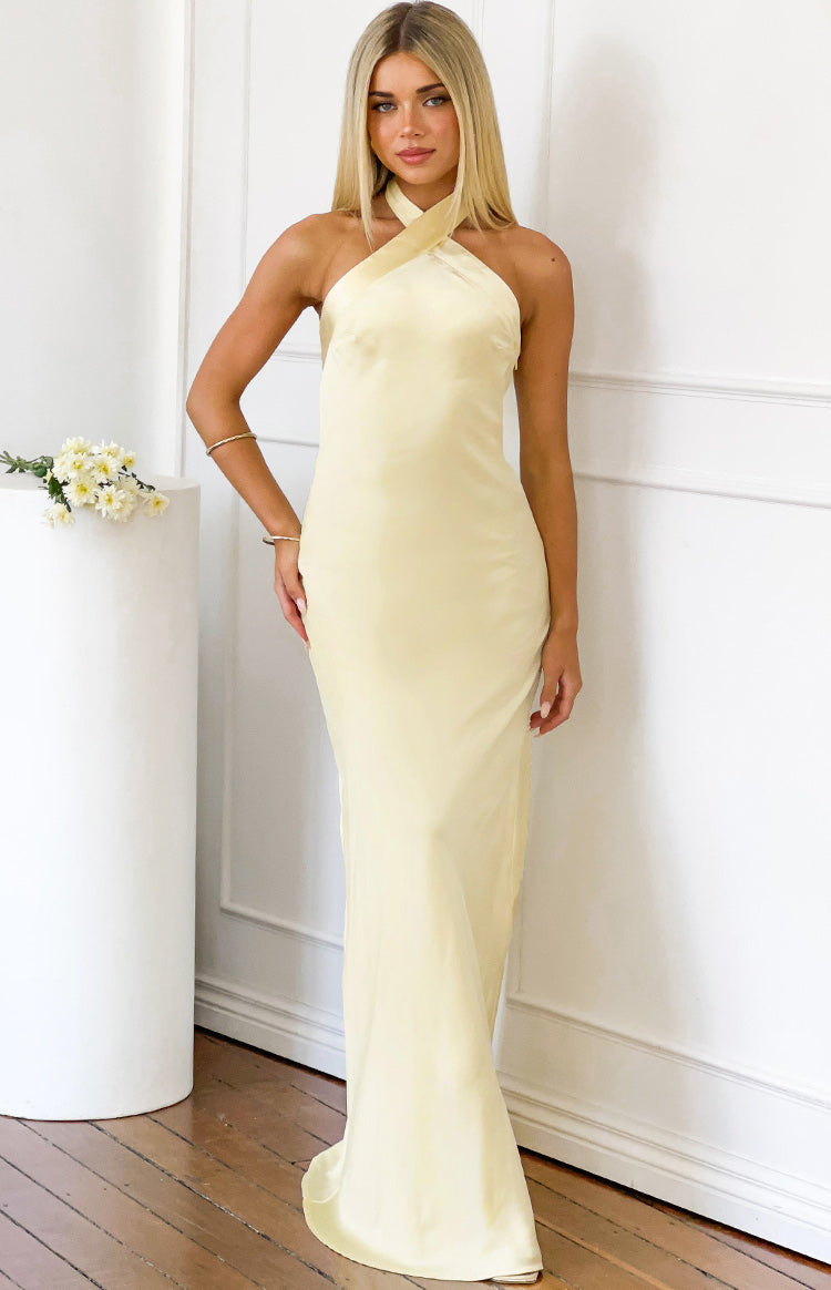 Beginning Boutique Jasmine Yellow Halter Neck Formal Maxi Dress light yellow satin criss-cross halter neck fitted maxi dress