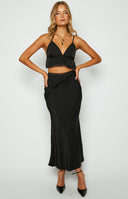 Beginning Boutique Jayde Black Lace Trim Crop Top black satin V-neck crop top with spaghetti straps and lace trim