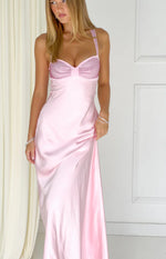Pink satin maxi dress with rhinestone embellished straps, gathered sweetheart bodice, and flowing skirt