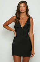 Beginning Boutique Jennifer Black Mini Party Dress black satin V-neck mini dress with lace trim and tie detail