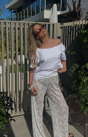 Beginning Boutique Jev White Lace Pants white sheer floral lace wide-leg pants