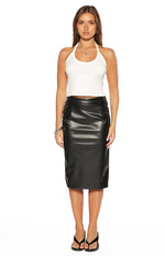 Front view of a high-waisted black PU midi skirt with a sleek, fitted pencil silhouette