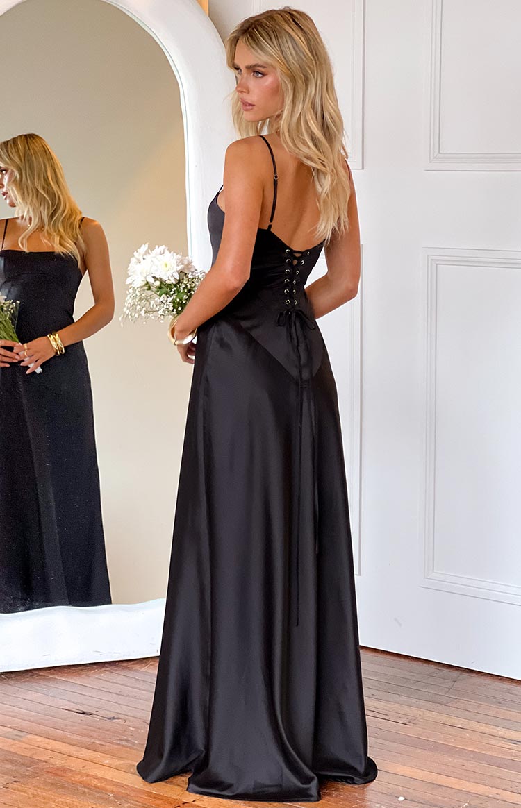 Beginning Boutique Joey Black Maxi Dress black satin maxi dress with spaghetti straps and a lace-up corset back