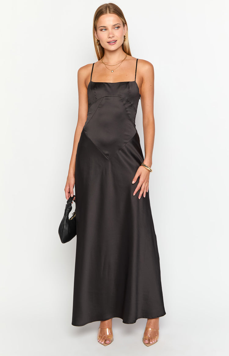 Black satin maxi dress with a square neckline, thin spaghetti straps, and V-shaped paneling on the bodice